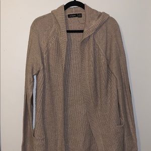 Beige Hooded Cardigan with Elbow Patches